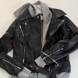 Fate Black Faux Leather Jacket with Gray Hoodie